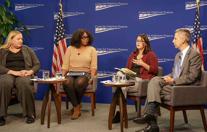 Four panelists discussing the launch of the Change the Terms campaign