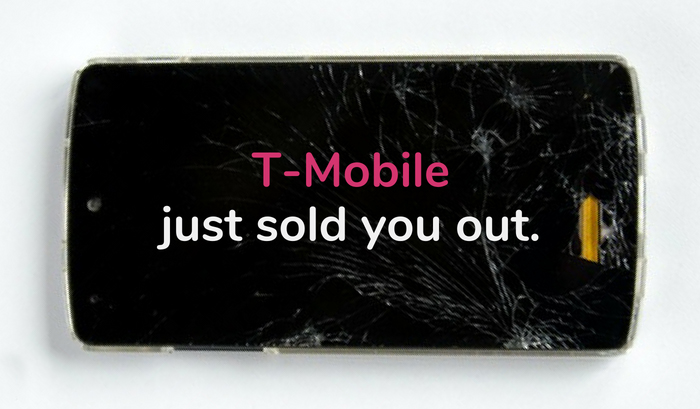 Cellphone reading “T-Mobile just sold you out”