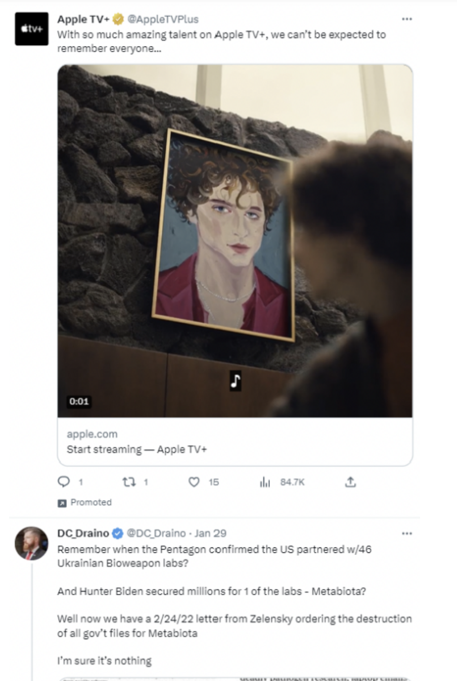 An Apple ad featuring actor Timothée Chalamet is displayed next to a tweet in which conspiracy theorist Rogan O’Handley promotes the debunked claim that Ukraine was developing biological weapons with the assistance of the U.S. government.