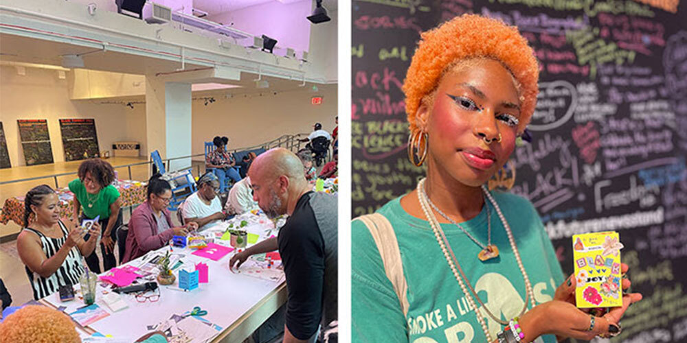 Two side-by-side images: one of people sitting at a table making zines, and one of a woman displaying a zine she made