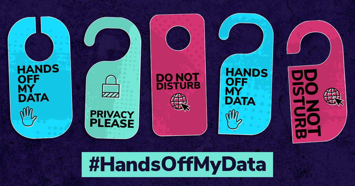 Drawings of hotel doorknob tags with messages including "Hands off my data," "privacy please" and "do not disturb"