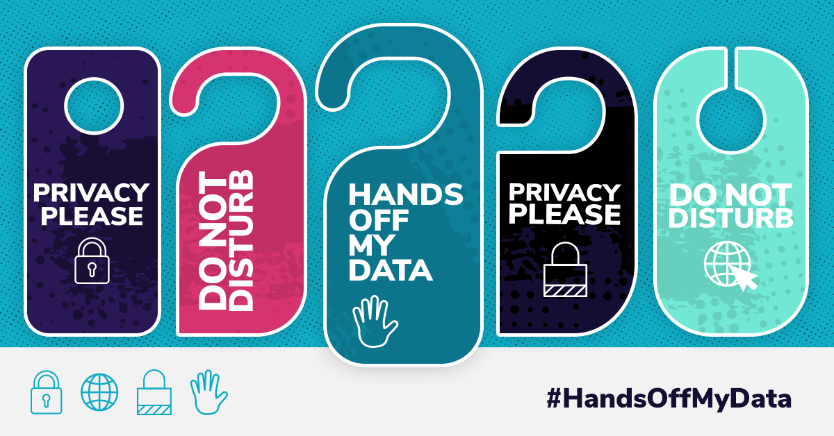Graphic of hotel door tags with the messages "Privacy Please," "Do Not Disturb" and "Hands Off My Data"