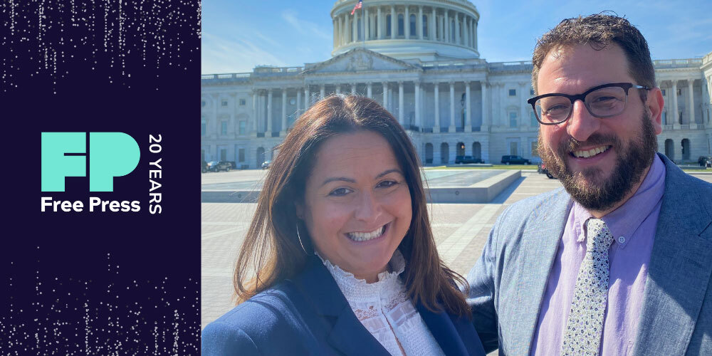 Free Press Co-CEOs Jessica J. Gonzalez and Craig Aaron in front of the Capitol