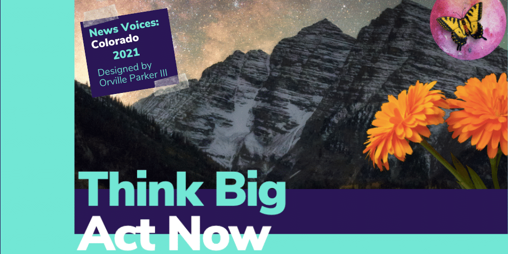 "Think Big. Act Now" juxtaposed with image of mountains, a yellow butterfly and orange flowers