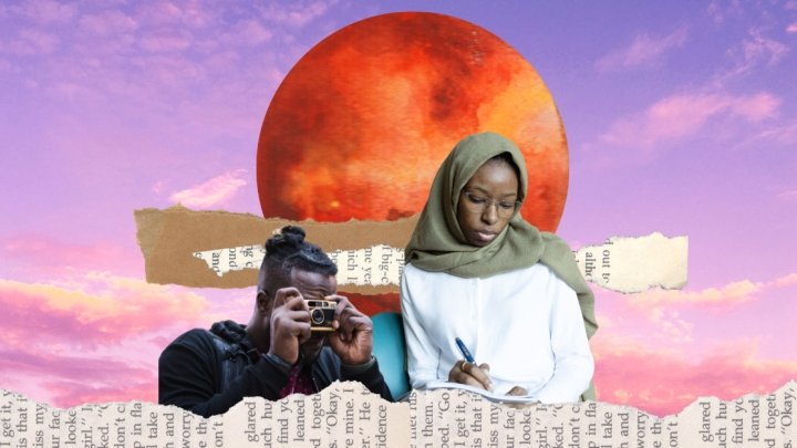 Picture of black journalist and photographer with newspaper print below and behind them. 