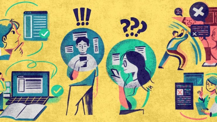 Drawings of people confronting misinformation as they look at phones, documents, books and other forms of media