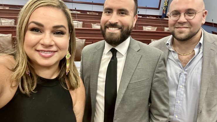 Free Press&rsquo; Vanessa Maria Graber and Eric Thurm with Guerrero Lopez (center), the executive director of the Pennsylvania Legislative Latino Caucus