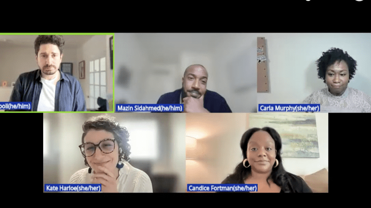 Mike Rispoli, Mazin Sidahmed, Carla Murphy, Kate Harloe and Candice Fortman take part in a webinar about the future of local news