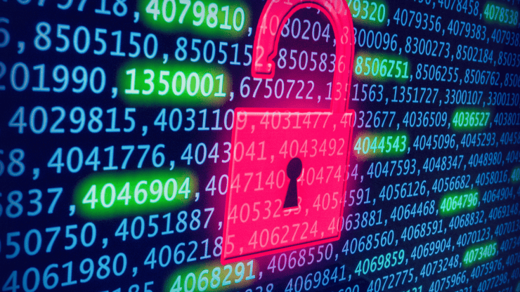 an illustrated image of a laptop screen showing computer coding and a privacy emblem