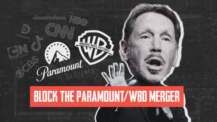 Photo of Larry Ellison with the text "Block the Paramount-WBD Merger"