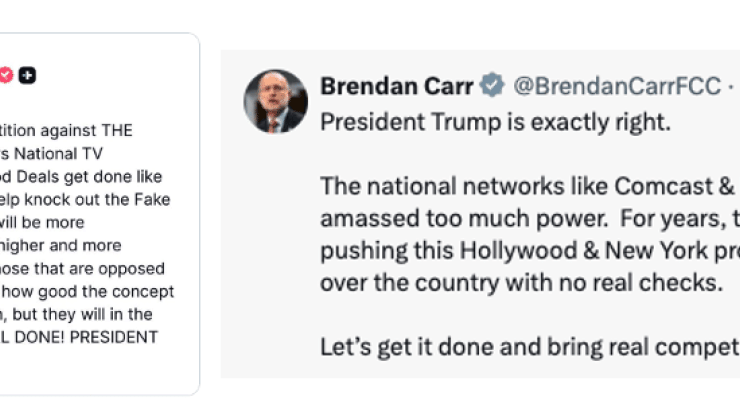 A Truth Social post from President Trump alongside an X post from FCC Chairman Brendan Carr promoting the Nexstar-Tegna merger