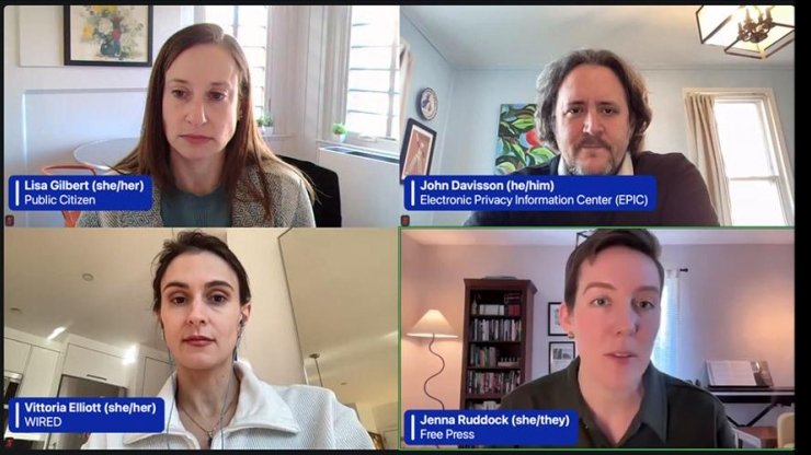 Free Press' Jenna Ruddock, WIRED's Vittoria Elliott, Public Citizen's Lisa Gilbert and EPIC's John Davisson, who took part in a webinar about the privacy breach Elon Musk and DOGE are perpetrating.