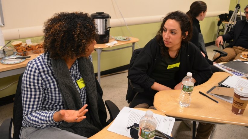 Two women talking during 37 Voices workshop