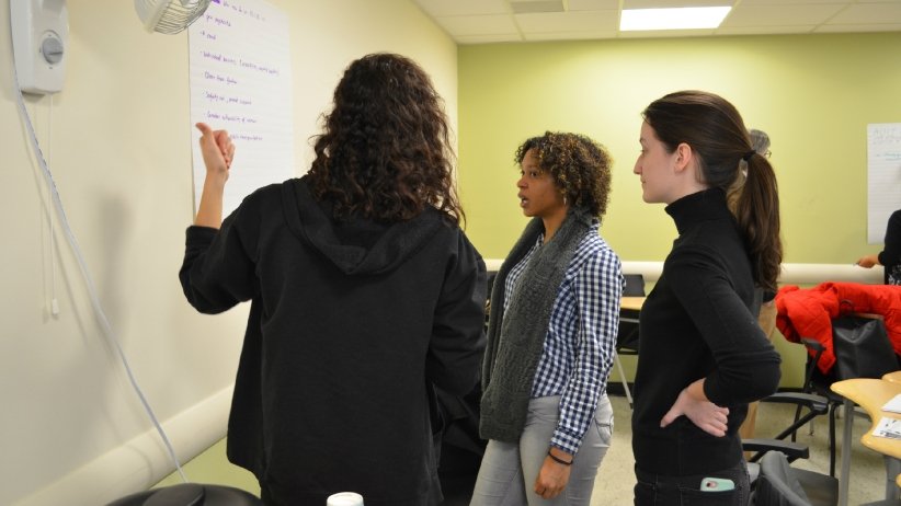 Three women writing down thoughts on whiteboard