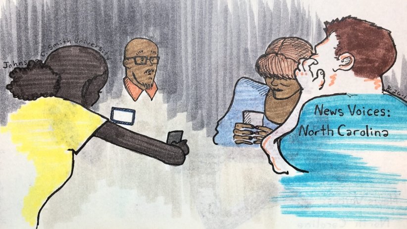 A drawing of four people seated at a table