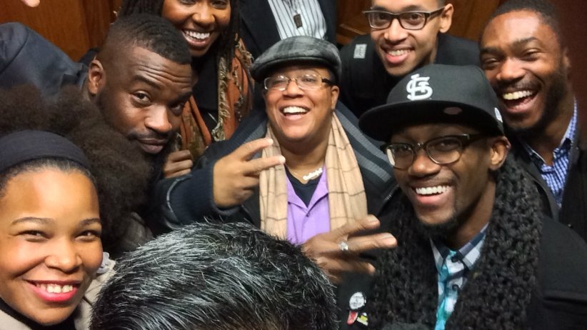 Activists crowded into an elevator