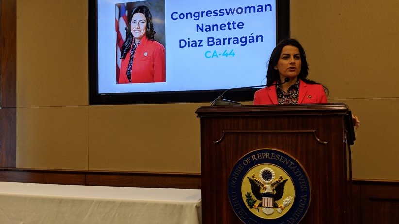 Rep. Nanette Diaz Barragan speaks at a podium