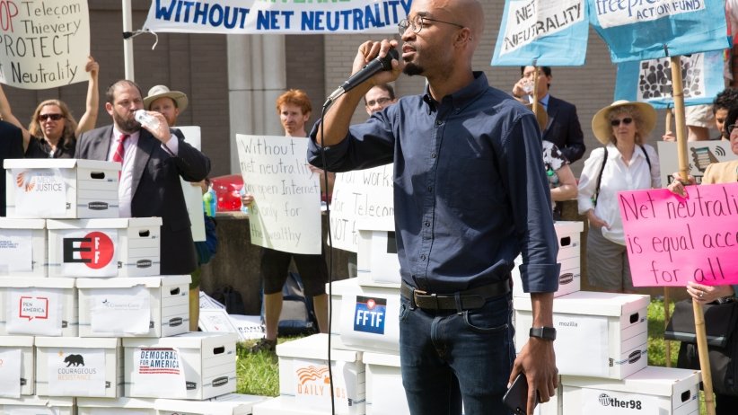 Bryan Mercer speaking at the Net Neutrality rally