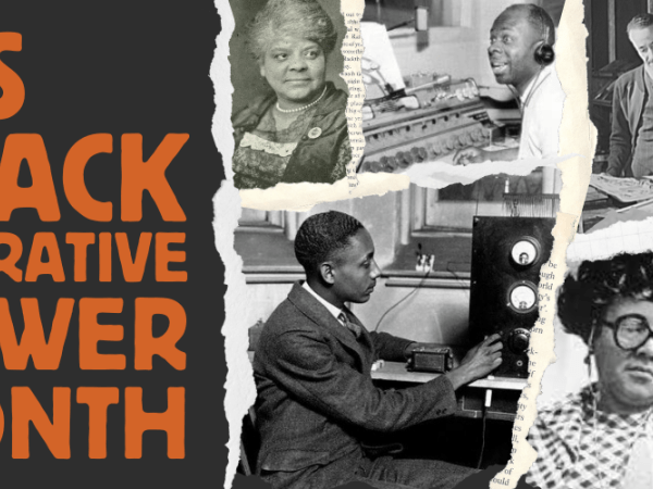 "It's Black Narrative Power Month" juxtaposed next to a collage of Black Americans in the media