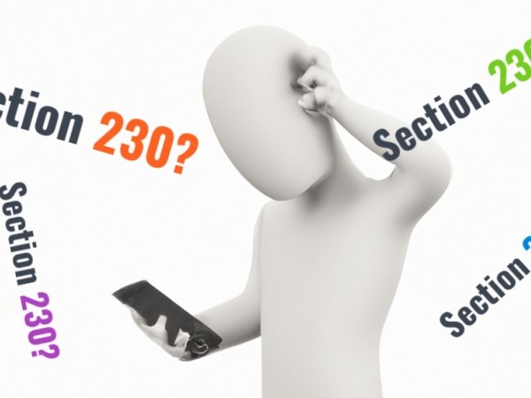 An illustration of a person holding a cellphone with multiple instances of "Section 230?" swirling about the person's head