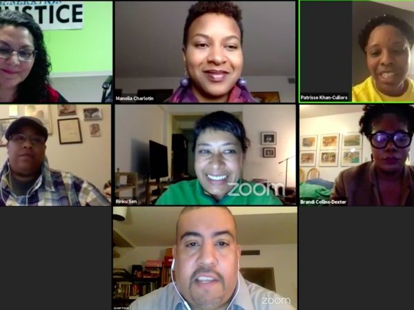 Faces of seven of the participants in the Kerner town hall