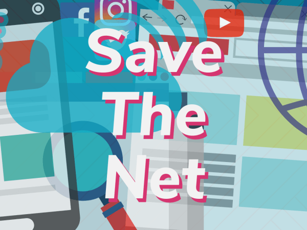 "Save the Net" overload on top of images from the internet
