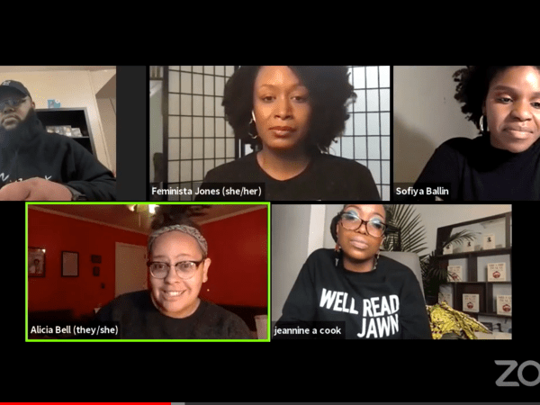 Screenshot of a panel discussion Free Press Organizing Manager Alicia Bell participated in