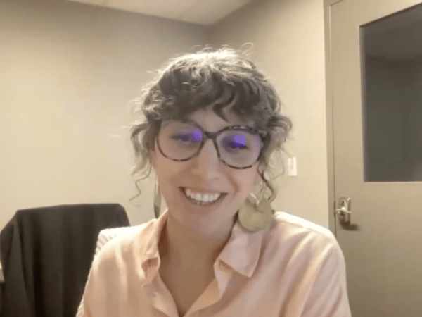 Independent journalist Kate Harloe during a virtual meeting of the Media Power Collaborative