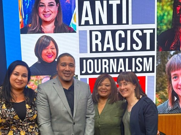 Free Press’ Vanessa Maria Graber (left) with fellow panelists from the discussion “Antiracist Journalism: Making Philly Media More Equitable.”