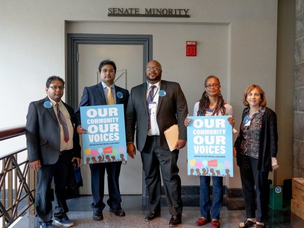Five residents advocating for the Civic Info Consortium in the New Jersey Statehouse