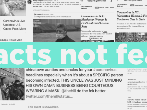 The words "Facts not fear" juxtaposed on images of biased coronavirus coverage