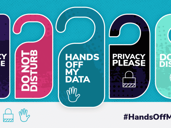 Graphic of hotel door tags with the messages "Privacy Please," "Do Not Disturb" and "Hands Off My Data"