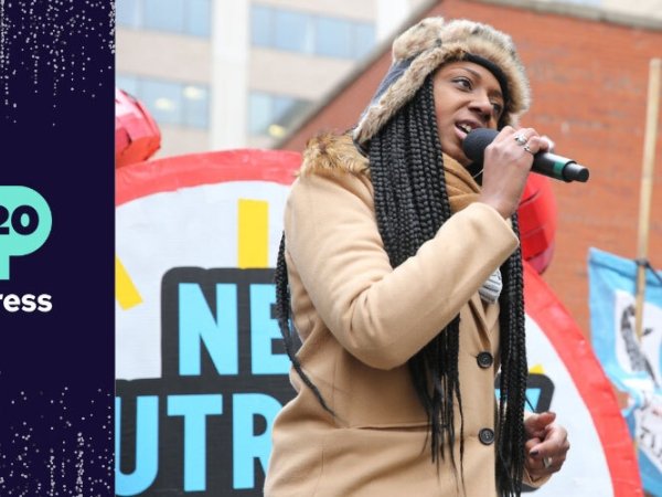 Free Press’ Collette Watson speaking at a rally in support of Net Neutrality.