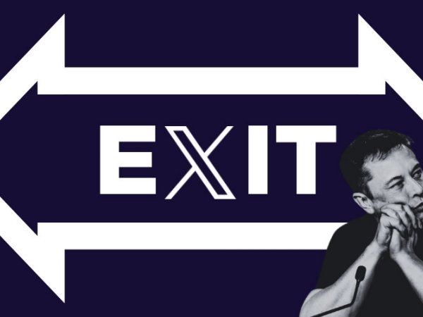 An exit sign next to a photo of Elon Musk