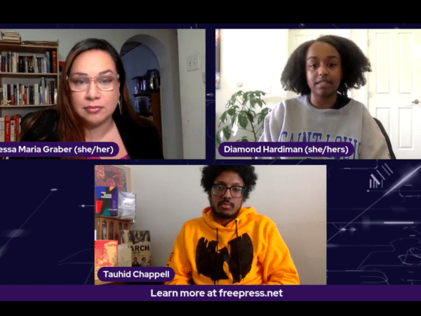 Free Press staffers Vanessa Maria Graber, Diamond Hardiman and Tauhid Chappell on an episode of Free Press Live