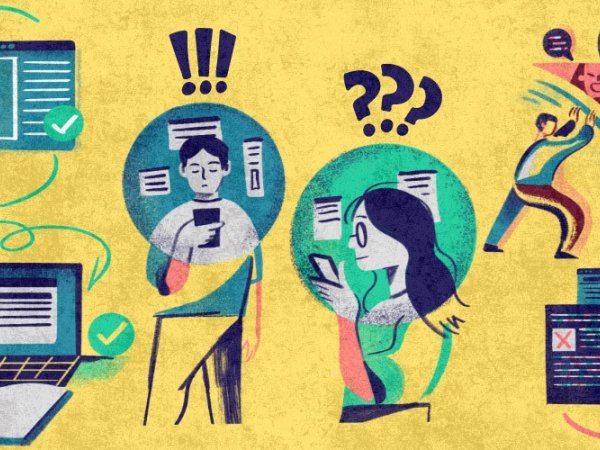 Drawings of people confronting misinformation as they look at phones, documents, books and other forms of media