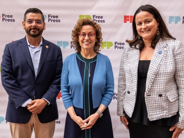 Rep. Raul Ruiz, FCC Commissioner Anna Gomez and Free Press Co-CEO Jessica J. González outside the venue for a stop on Gomez's First Amendment Tour