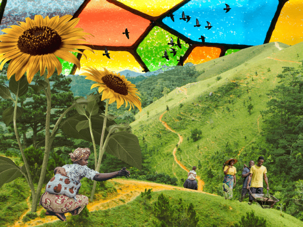 A collage of sunflowers, hills, stained glass and several people