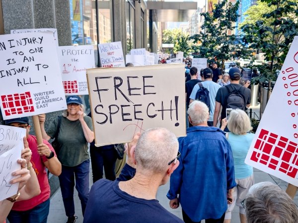 People protesting in NYC against the suspension of Jimmy Kimmel