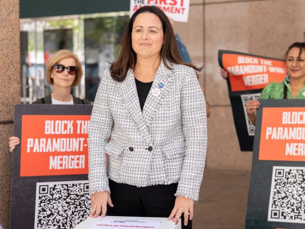 Free Press Co-CEO Jessica J. Gonz&aacute;lez and others deliver petitions to California AG Rob Bonta