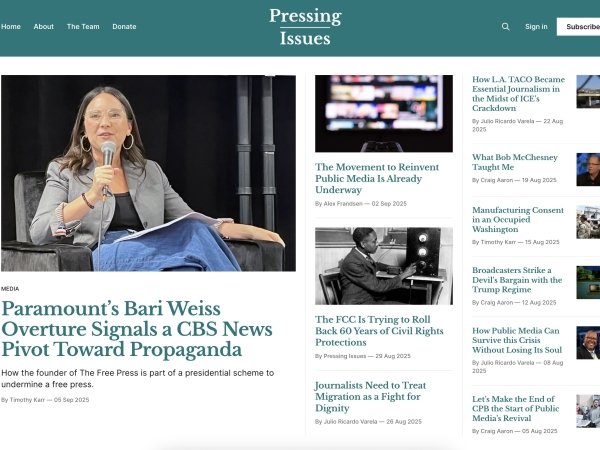 The homepage of the Pressing Issues newsletter