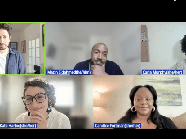 Mike Rispoli, Mazin Sidahmed, Carla Murphy, Kate Harloe and Candice Fortman take part in a webinar about the future of local news