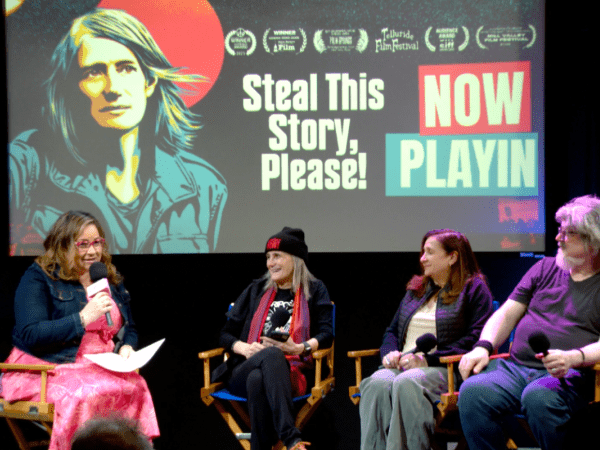 Free Press' Vanessa Maria Graber (left) interviews (from left to right) Amy Goodman, Tia Lessin and Carl Deal
