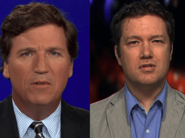 Side-by-side images of Tucker Carlson and reporter Timothy Burke