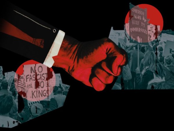 Fist punching through photo of activists