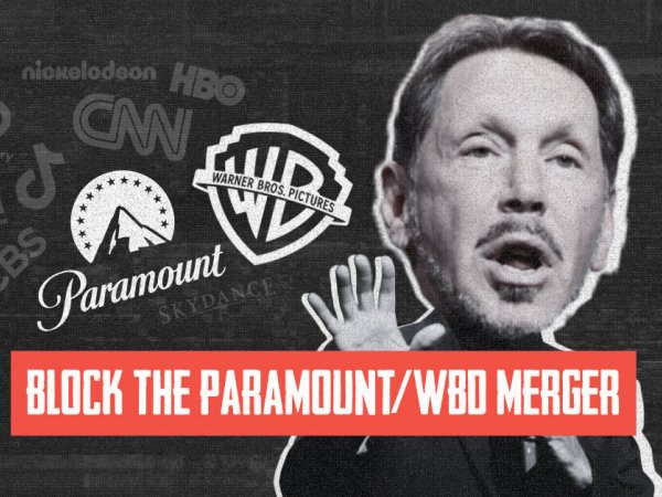 Photo of Larry Ellison with the text "Block the Paramount-WBD Merger"
