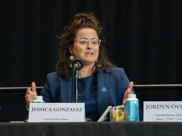 Free Press Co-CEO Jessica J. González speaking at “Pressure on the Press: Free Speech, Press Access and Owner Interference” at Cal State Long Beach
