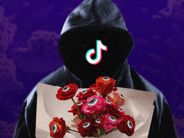 Image of the grim reaper with a TikTok symbol and a bouquet of flowers with eyes