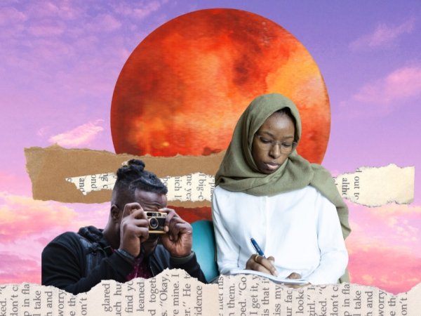 Picture of black journalist and photographer with newspaper print below and behind them. 