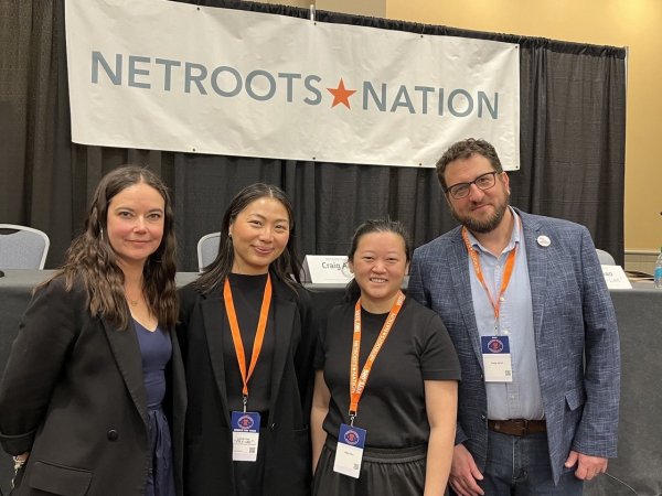 Free Press&rsquo; Cristina Escobar (left) and Craig Aaron (right) with Ceilidh Gao and Abby Sun at Netroots